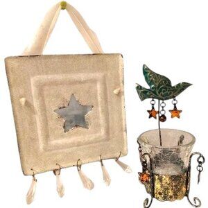 Shabby Boho Tiny Antiqued Metal Mirror and Votive Candle Holder Set